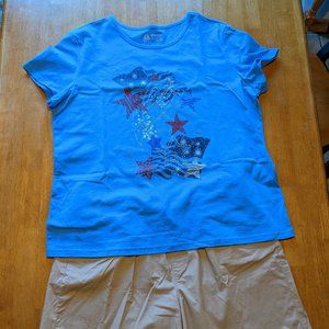 Basic Editions Shorts & 4th of July Top Women's; Tan Shorts XL/Blue Top XXL